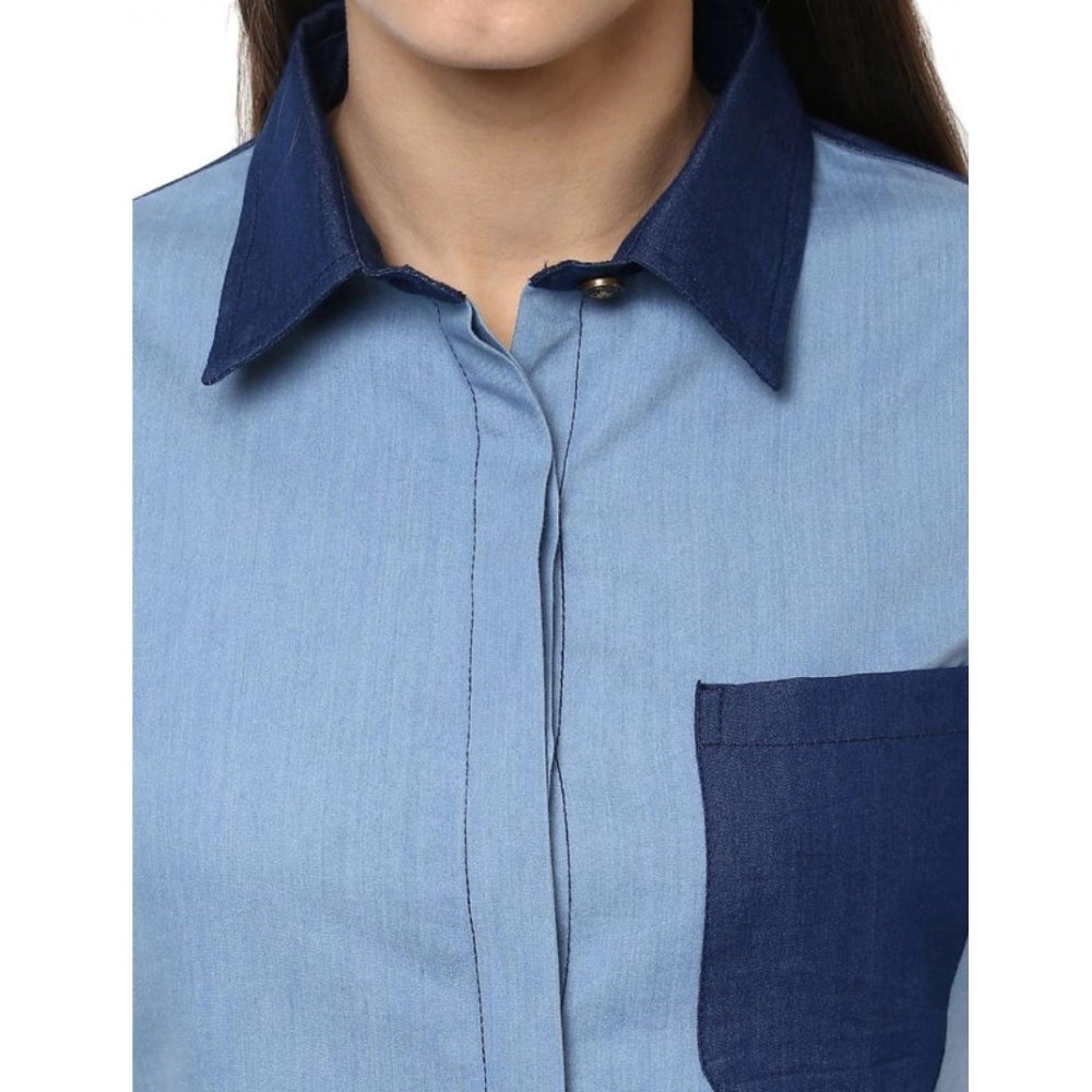 Clothiq Generic Denim Patch Work Long Sleeves Regular Top (Blue)
