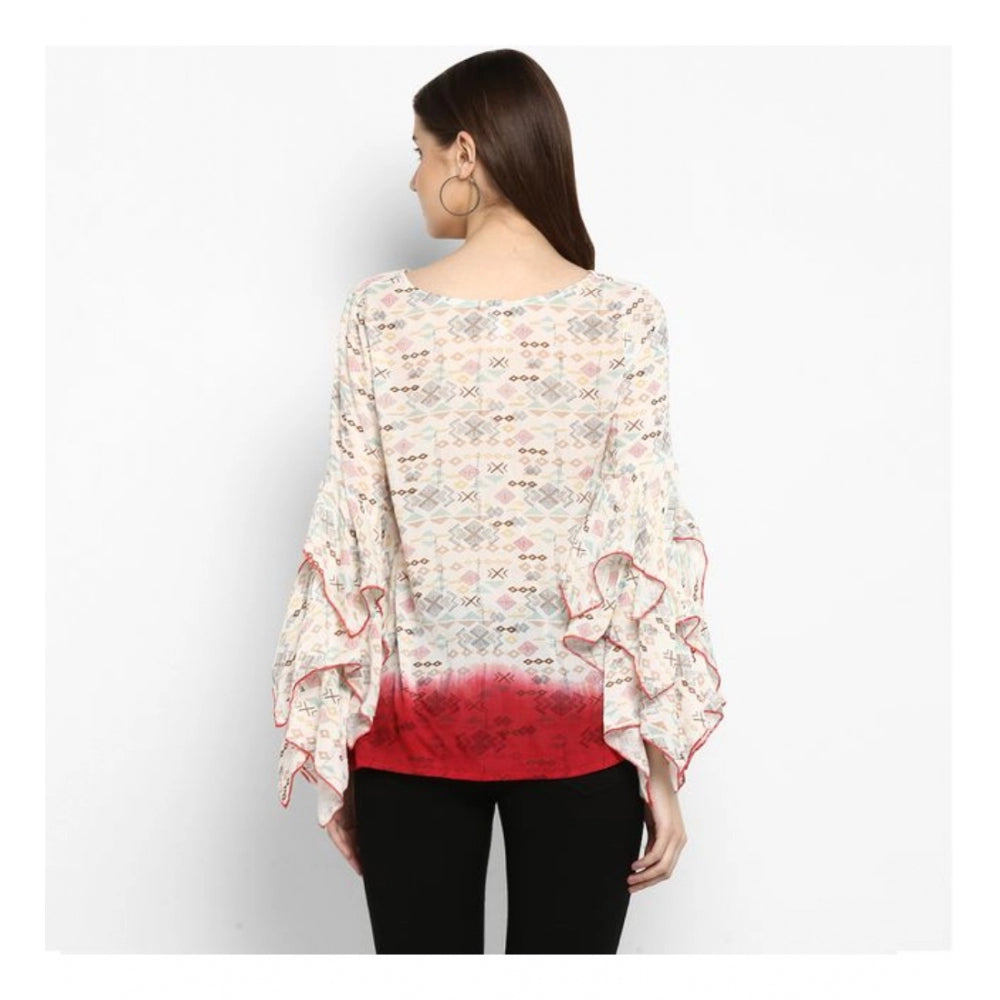 Clothiq Generic Rayon Crepe Printed Ruffle Sleeve Top (Off White - Red)