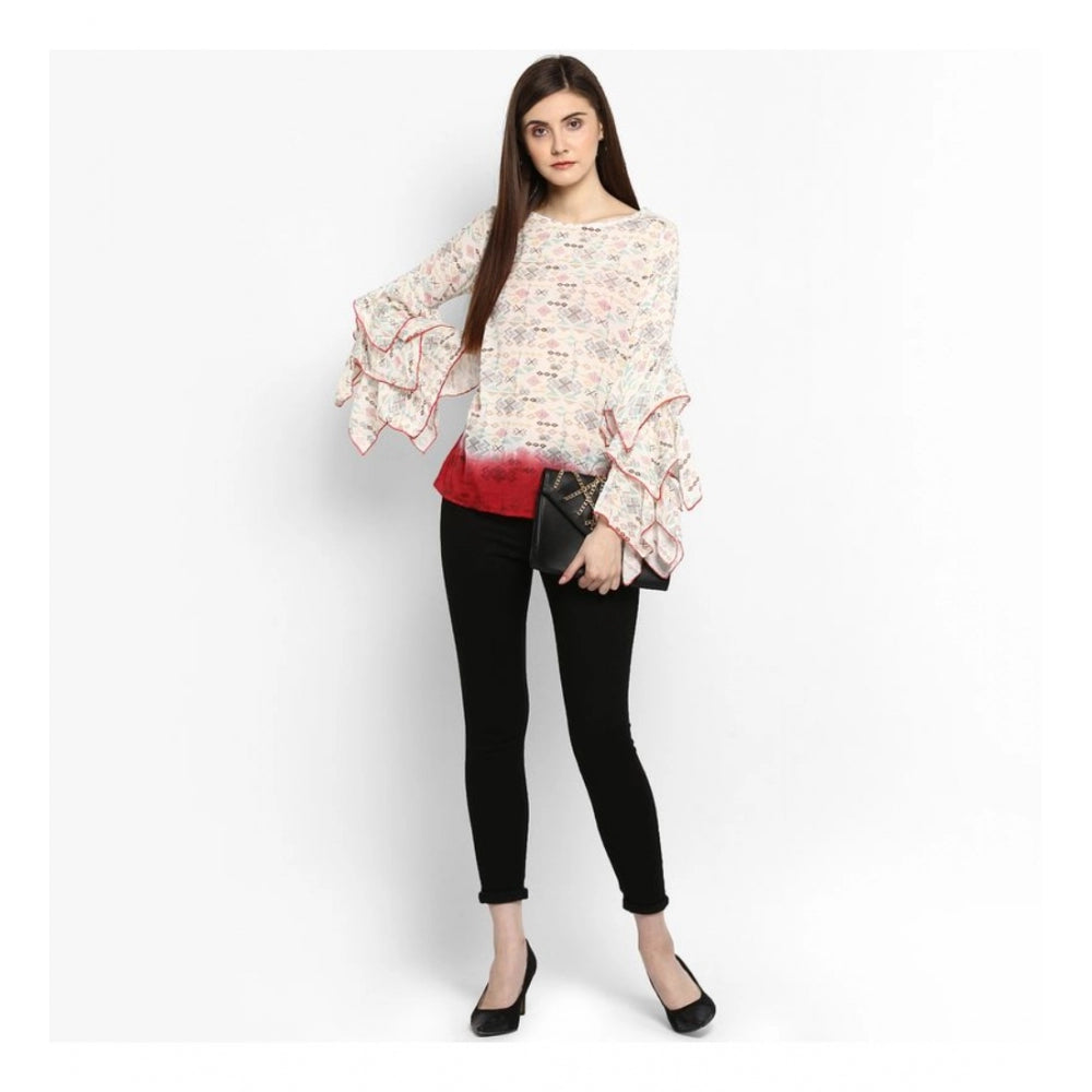 Clothiq Generic Rayon Crepe Printed Ruffle Sleeve Top (Off White - Red)