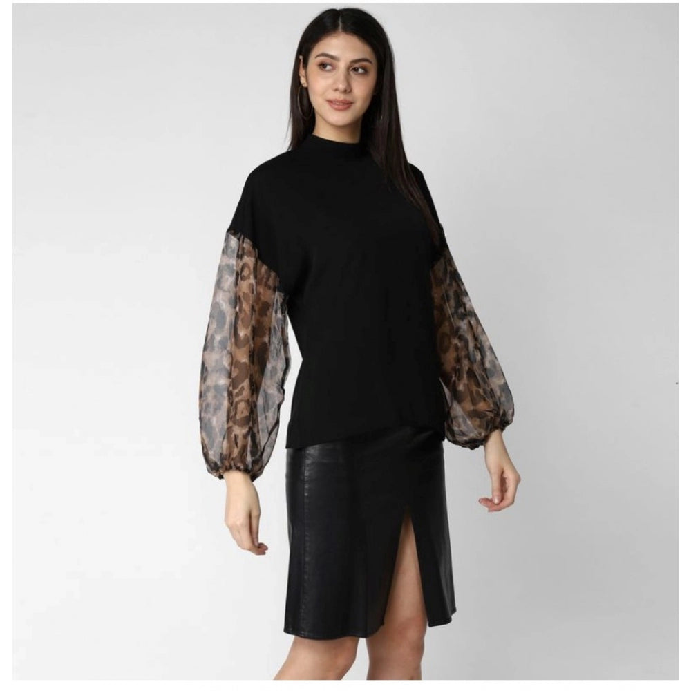 Clothiq Generic Polyester Animal Print Long Sleeves Top (Black)