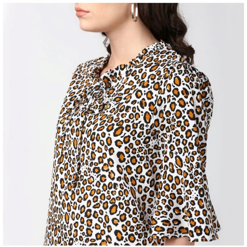 Clothiq Generic Polyester Animal Print Bell Sleeve Top (Orange - Black)