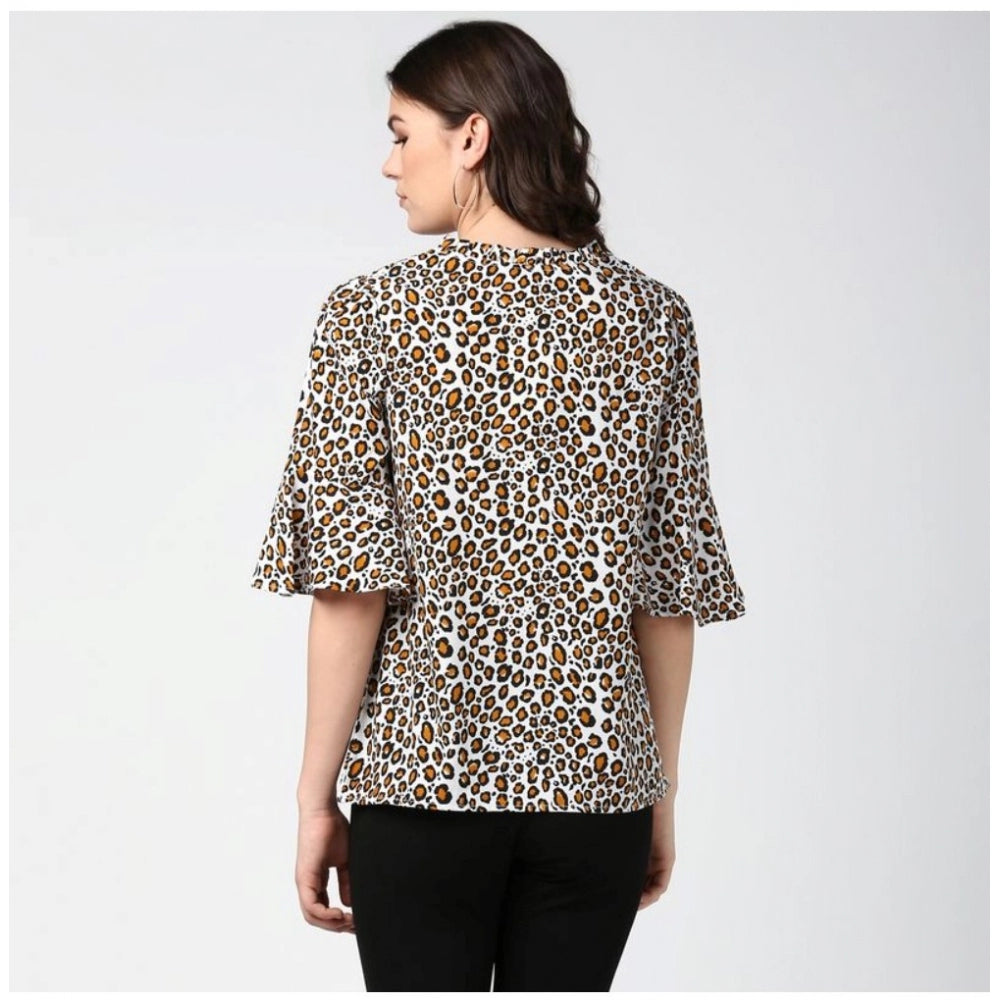 Clothiq Generic Polyester Animal Print Bell Sleeve Top (Orange - Black)