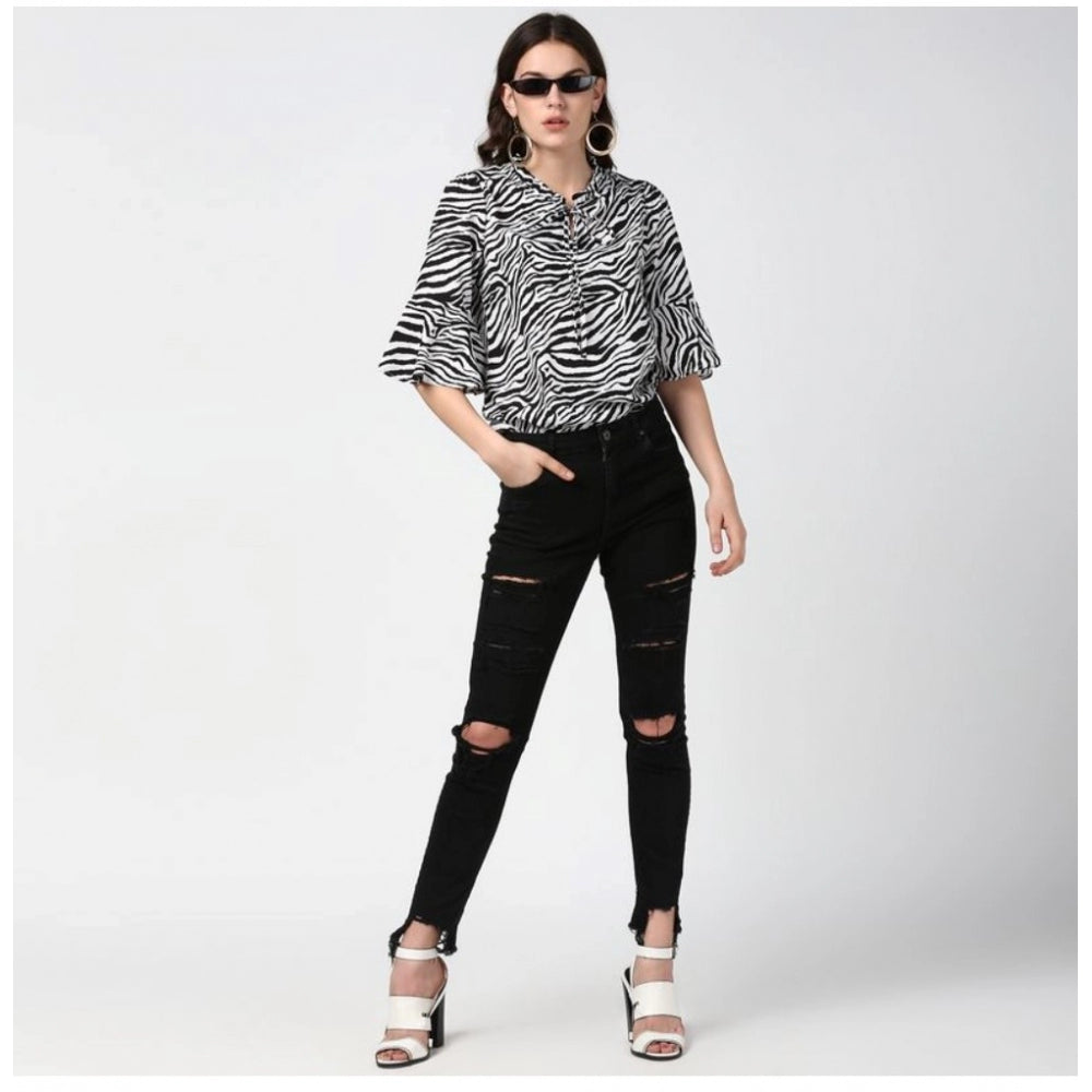 Clothiq Generic Polyester Animal Print Bell Sleeve Top (Black - White)