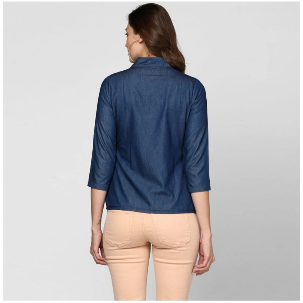 Clothiq Generic Denim Solid 3-4th Sleeves Top (Blue)