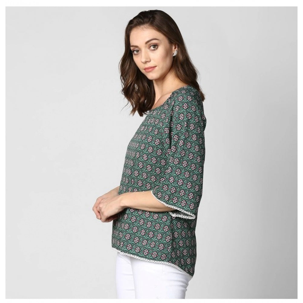 Clothiq Generic Polyester Printed 3-4th Sleeves Top (Green)