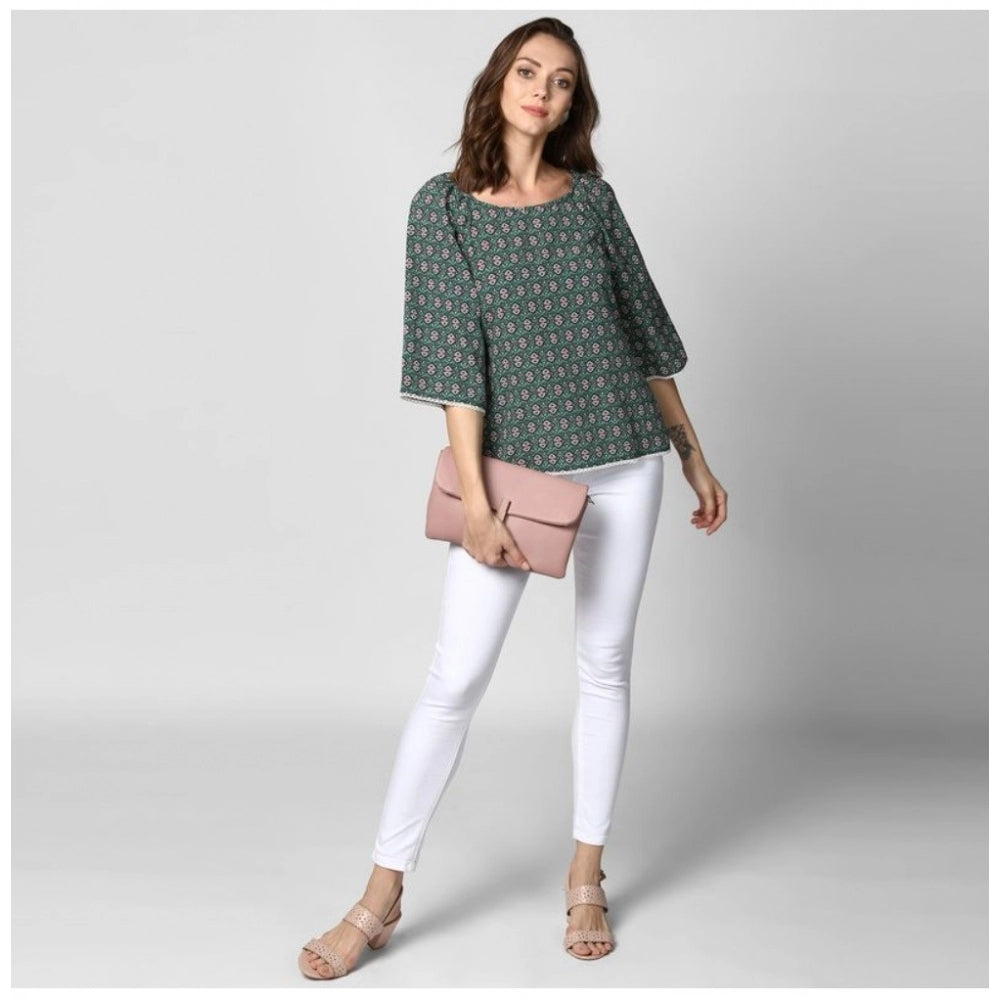 Clothiq Generic Polyester Printed 3-4th Sleeves Top (Green)