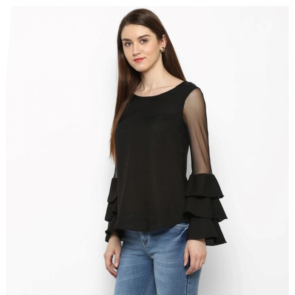 Clothiq Generic Polyester Solid Tier Sleeve Top (Black)