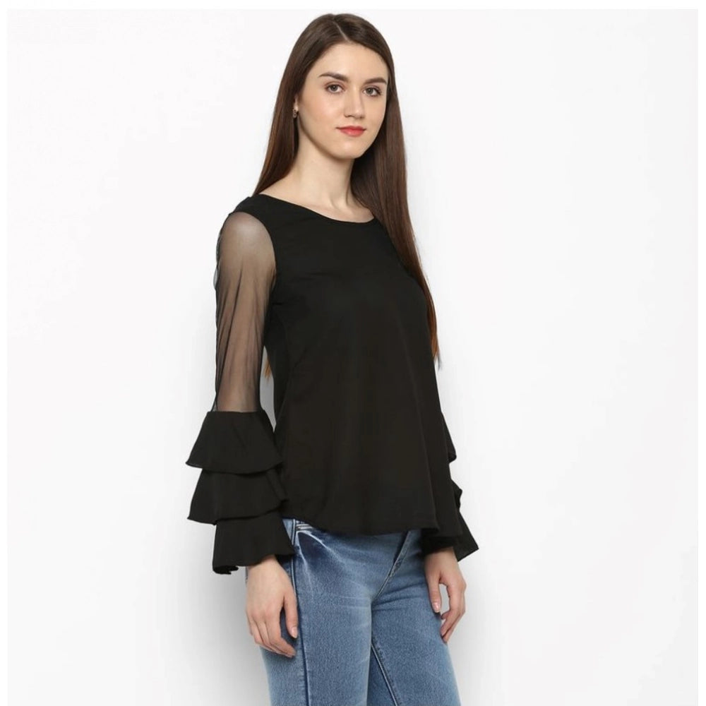 Clothiq Generic Polyester Solid Tier Sleeve Top (Black)