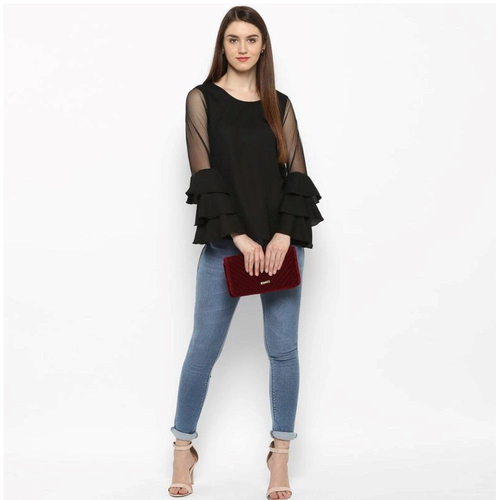 Clothiq Generic Polyester Solid Tier Sleeve Top (Black)