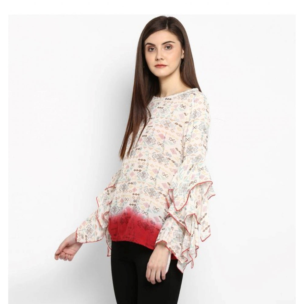 Clothiq Generic Rayon Crepe Printed Ruffle Sleeve Top (Off White - Red)