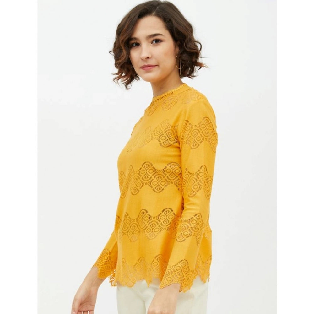 Clothiq Generic Cotton Lace Inserts Long Sleeves Top (Yellow)