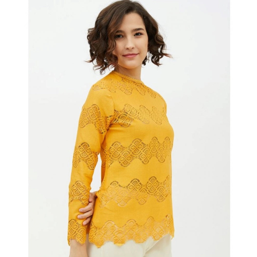 Clothiq Generic Cotton Lace Inserts Long Sleeves Top (Yellow)