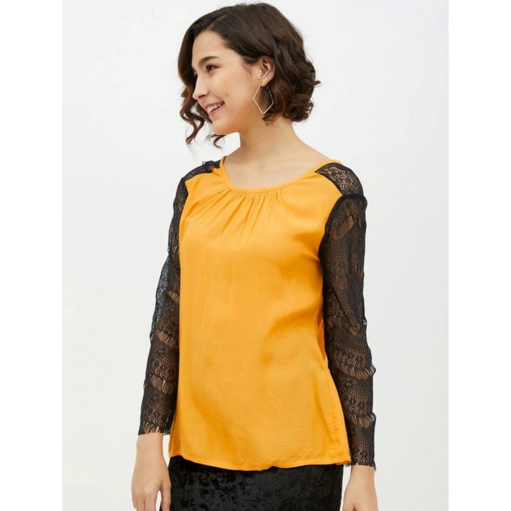 Clothiq Generic Rayon Lace Inserts Long Sleeves Top (Yellow)