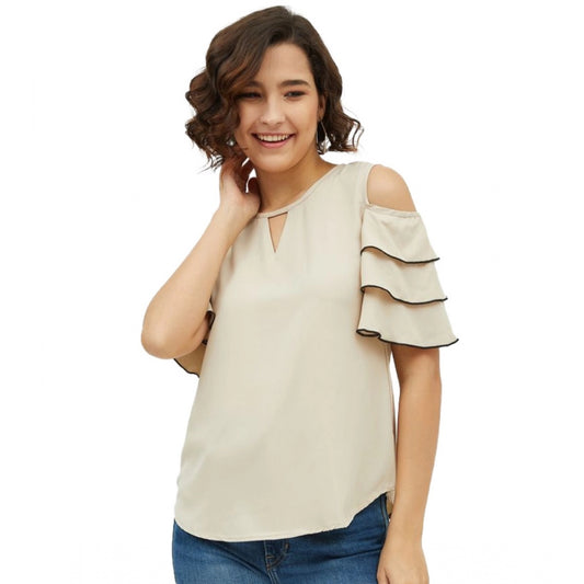Clothiq Generic Polyester Tiered Cold Shoulder Top (Beige)