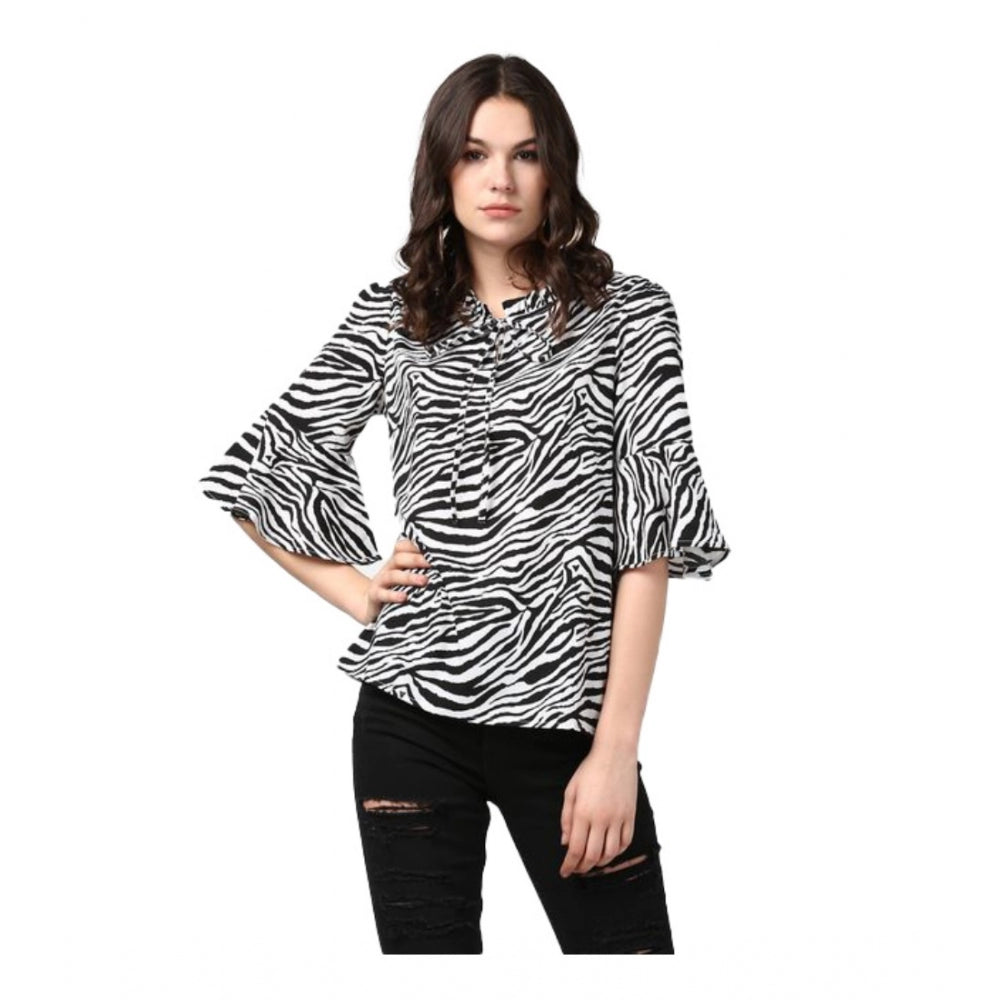Clothiq Generic Polyester Animal Print Bell Sleeve Top (Black - White)