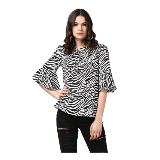 Clothiq Generic Polyester Animal Print Bell Sleeve Top (Black - White)