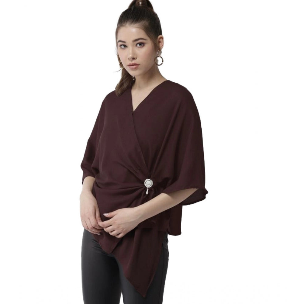 Clothiq Generic Polyester Solid Cape Sleeve Top (Maroon)