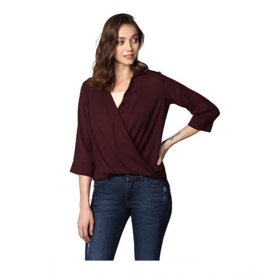 Clothiq Generic Polyester Solid 3-4th Sleeves Top (Maroon)