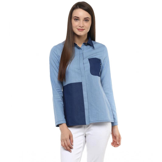 Clothiq Generic Denim Patch Work Long Sleeves Regular Top (Blue)