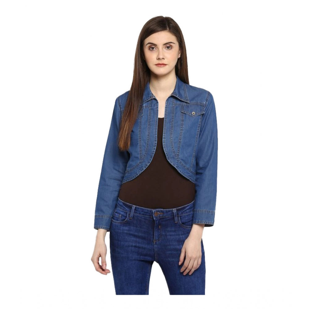 Clothiq Generic Denim Solid 3-4th Sleeves Shrug (Blue)