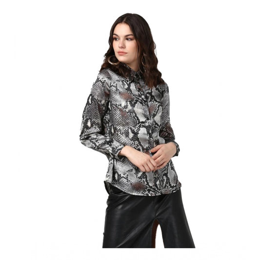 Clothiq Generic Satin Animal Print Long Sleeves Standard Length Shirt (Black - Grey)