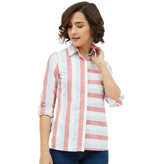 Clothiq Generic Cotton Striped Long Sleeves Standard Length Shirt (Pink)