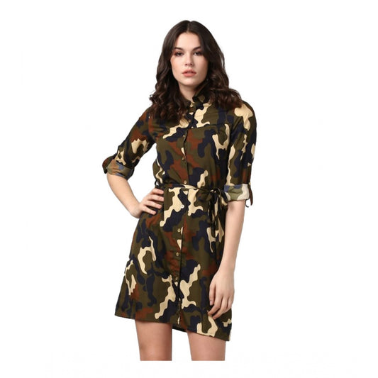 Clothiq Generic Polyester Printed Roll Up Sleeve Tunic Top (Green - Black)