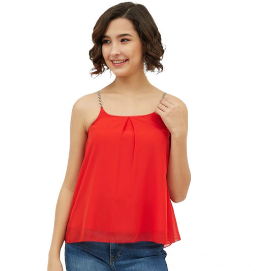 Clothiq Generic Polyester Embellished Shoulder Straps Top (Red)
