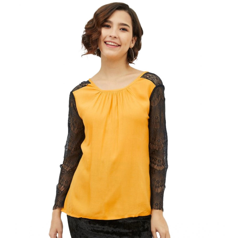 Clothiq Generic Rayon Lace Inserts Long Sleeves Top (Yellow)