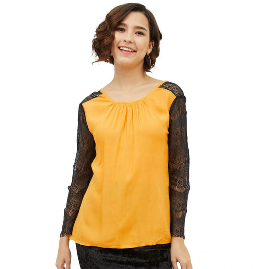 Clothiq Generic Rayon Lace Inserts Long Sleeves Top (Yellow)
