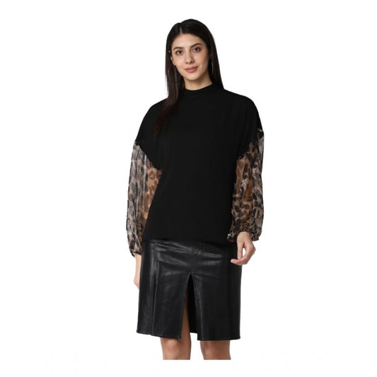 Clothiq Generic Polyester Animal Print Long Sleeves Top (Black)