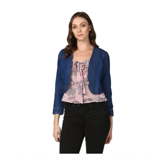 Clothiq Generic Denim Ruffled Long Sleeves Shrug (Navy Blue)