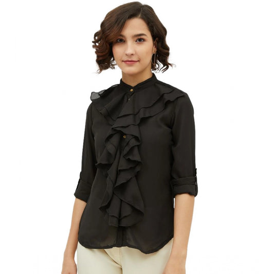 Clothiq Generic Polyester Ruffled Long Sleeves Standard Length Shirt (Black)