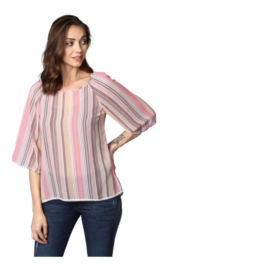 Clothiq Generic Polyester Striped 3-4th Sleeves Top (Pink)
