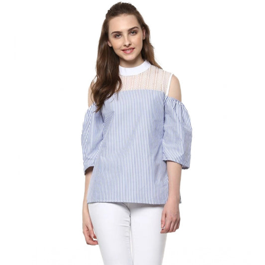 Clothiq Generic Cotton Striped Cold Shoulder Top (Blue)