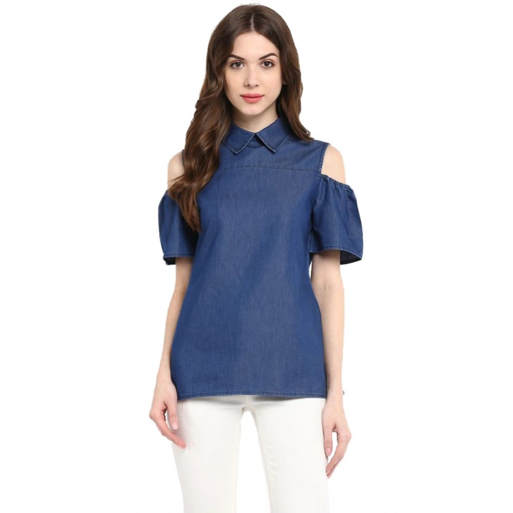 Clothiq Generic Denim Solid Cold Shoulder Regular Top (Blue)