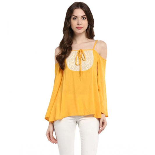 Clothiq Generic Rayon Embellished Cold Shoulder Regular Top (Mustard Yellow)
