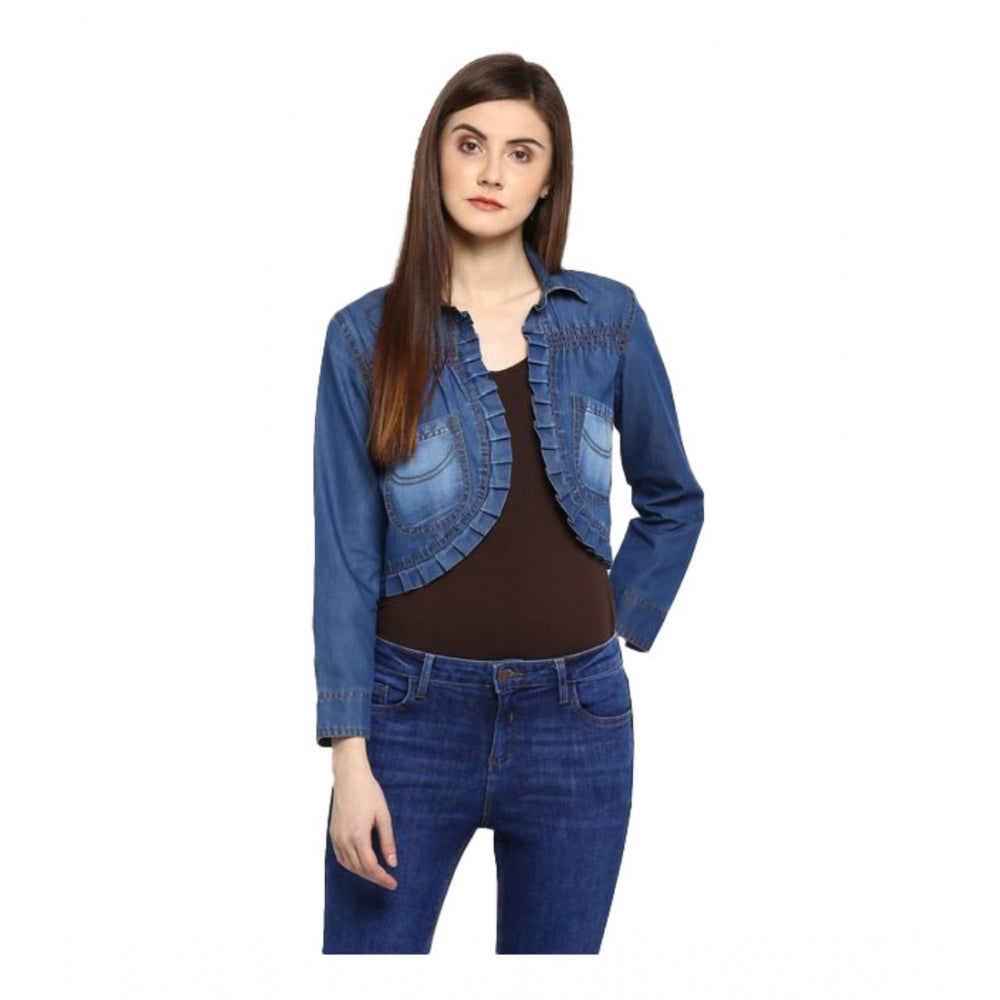 Clothiq Generic Denim Pleated 3-4th Sleeves Shrug (Blue)