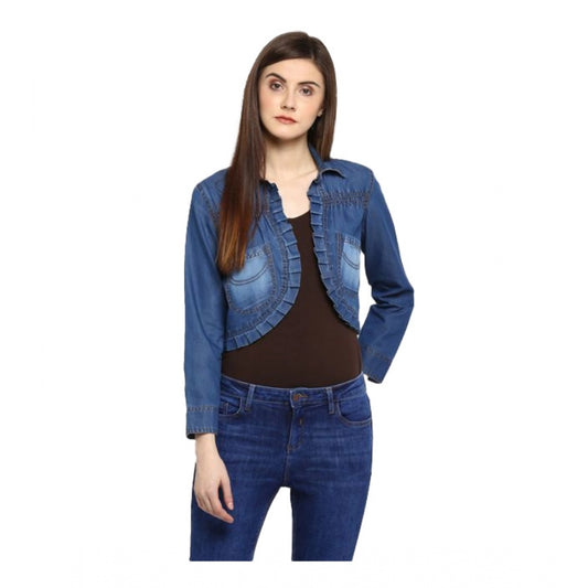 Clothiq Generic Denim Pleated 3-4th Sleeves Shrug (Blue)
