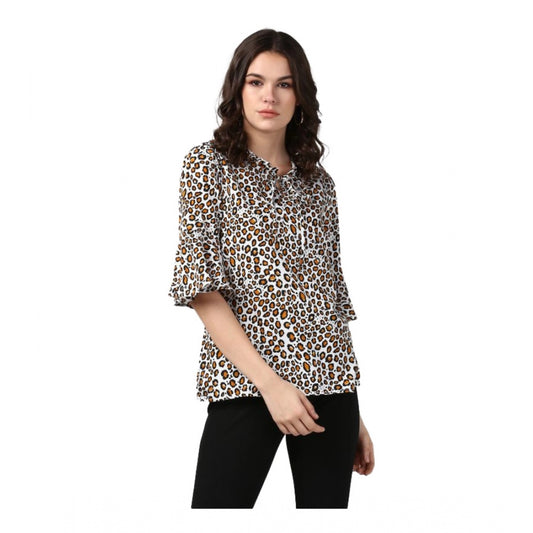 Clothiq Generic Polyester Animal Print Bell Sleeve Top (Orange - Black)
