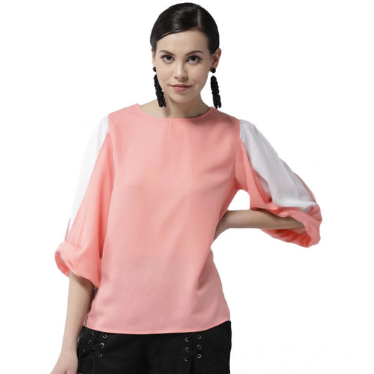 Clothiq Generic Polyester Colour Block Slit Sleeve Top (Pink)
