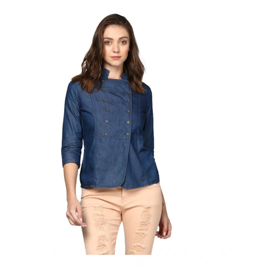 Clothiq Generic Denim Solid 3-4th Sleeves Top (Blue)