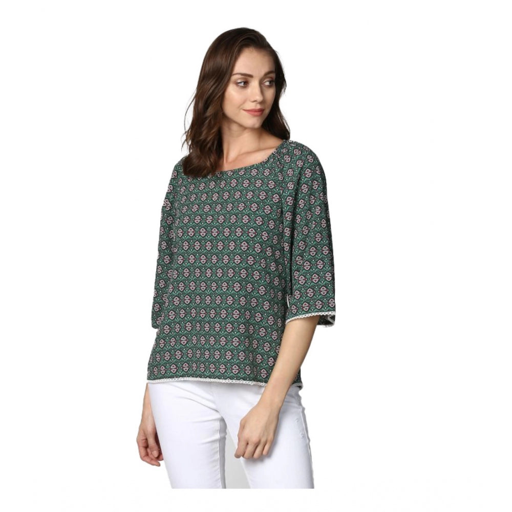 Clothiq Generic Polyester Printed 3-4th Sleeves Top (Green)
