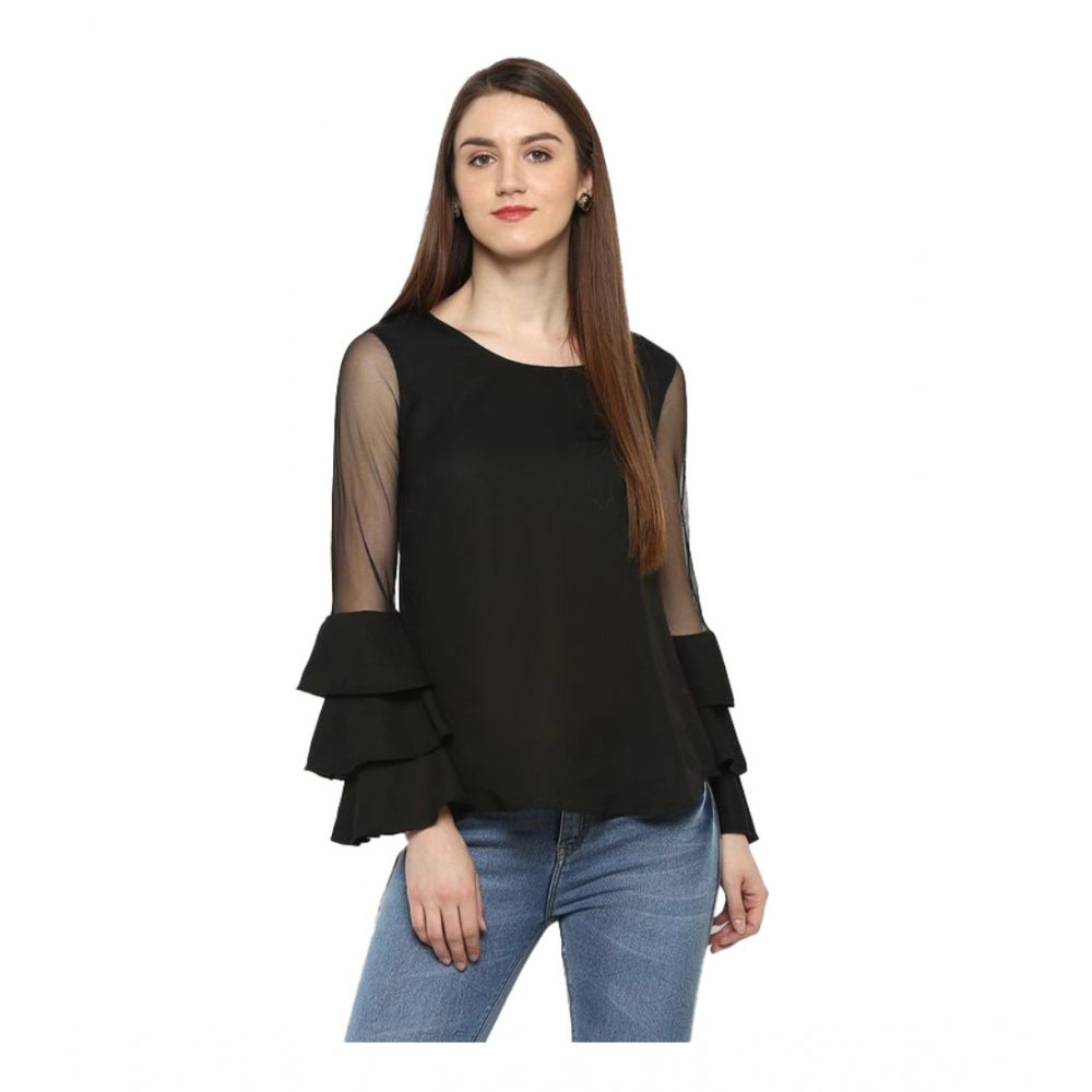 Clothiq Generic Polyester Solid Tier Sleeve Top (Black)