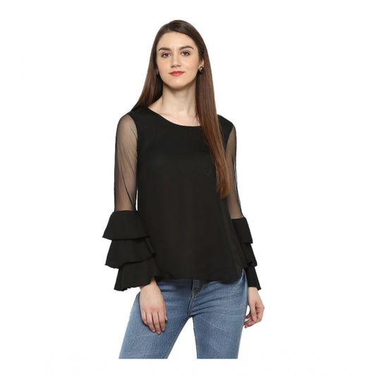Clothiq Generic Polyester Solid Tier Sleeve Top (Black)