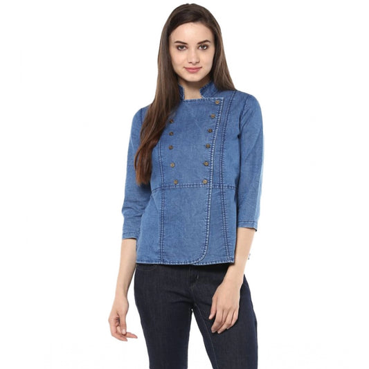 Clothiq Generic Denim Solid 3-4th Sleeves Regular Top (Blue)