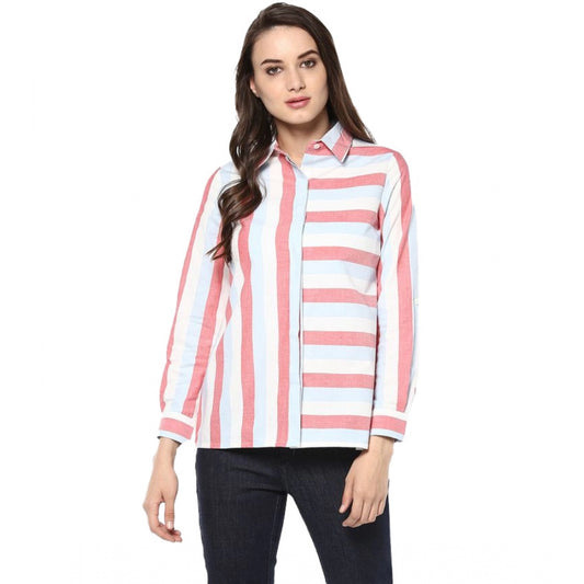 Clothiq Generic Cotton Striped Roll Up Sleeve Regular Top (Red)