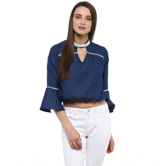 Clothiq Generic Polyester Solid Bell Sleeve Regular Top (Blue)