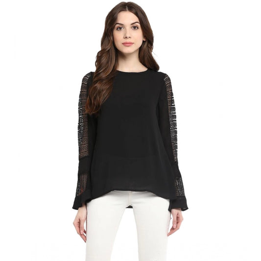 Clothiq Generic Polyester Georgette Self Design Bell Sleeve Regular Top (Black)