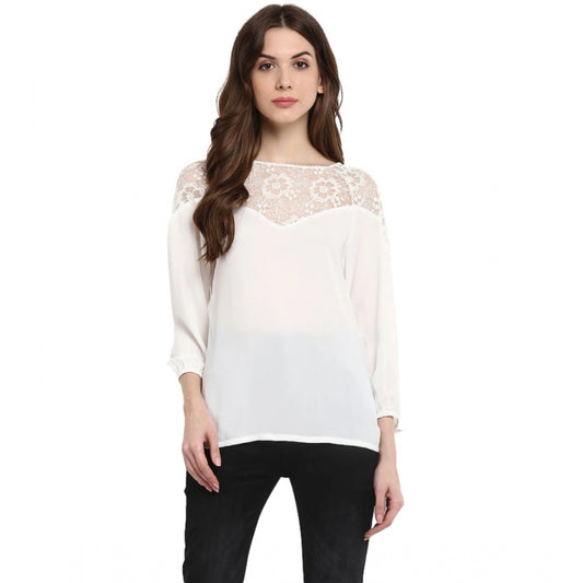 Clothiq Generic Polyester Georgette Self Design 3-4th Sleeves Regular Top (White)